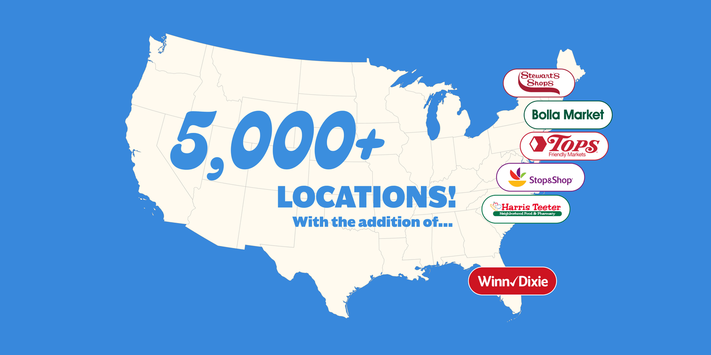 USA map with '10,000 locations' text overlay indicating the addition of new retail stores for Muddy Bites.