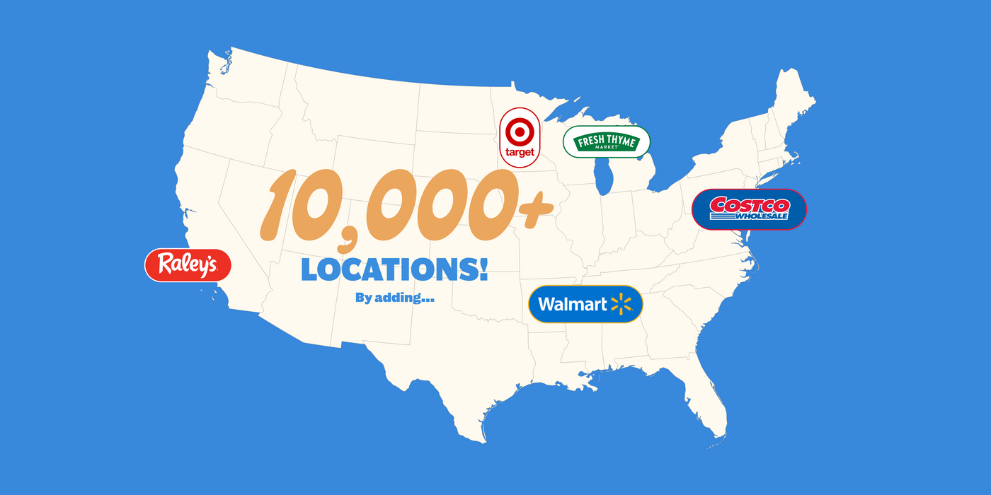 Illustration of the USA map with text overlay stating '10,000 locations' to indicate widespread availability of Muddy Bites.