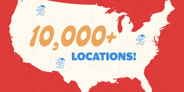 Illustration of the USA map with text overlay stating '10,000 locations' to indicate widespread availability of Muddy Bites.